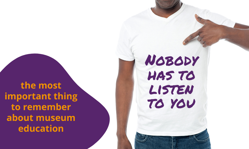 A person wearing a shirt stating 